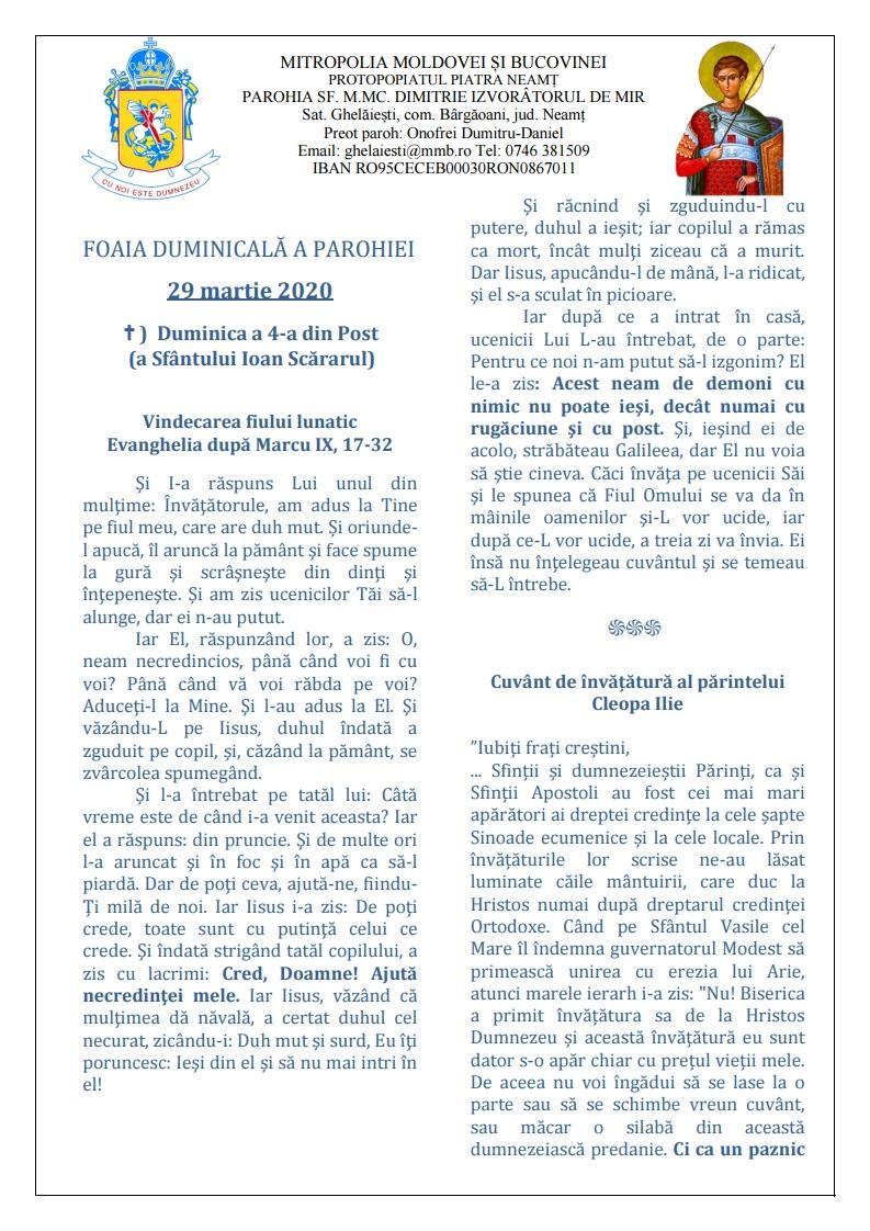 FOAIA DE DUMINICĂ 29 MARTIE 2020 -PAGINA 1